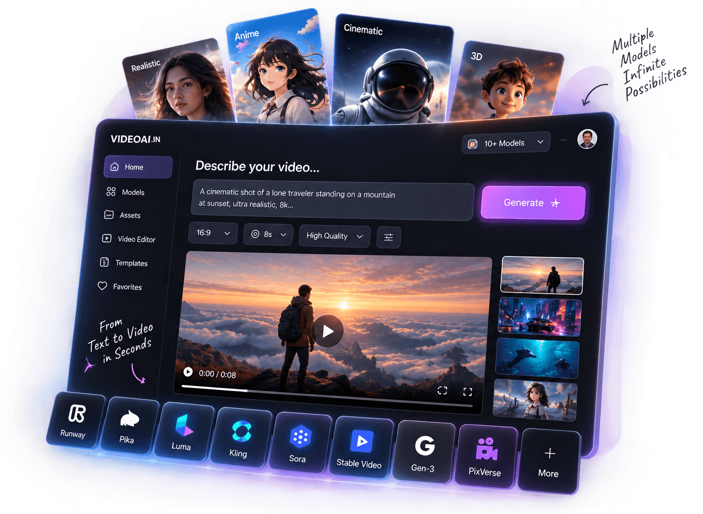 VIDEOAI studio preview showing multi-model video generation, AI models dock, and floating prompt presets