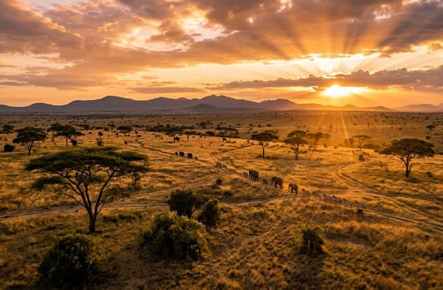 Luma Dream sweeping drone footage over African savanna sunset