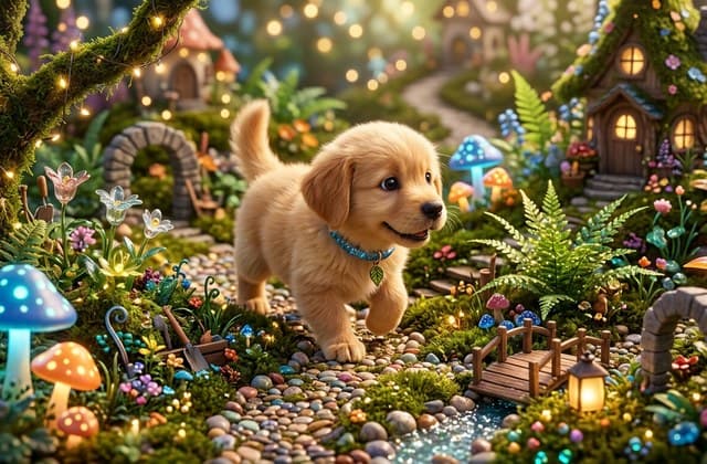 Pika 2.1 whimsical 3D miniature puppy discovering magical world