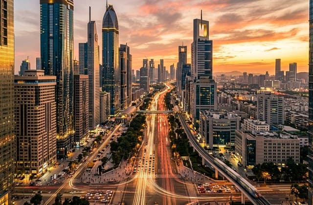 Seedance 2.0 golden-hour architectural city avenue with light trails