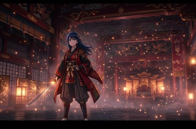 Wan 2.1 anime heroine in crimson chamber under drifting embers